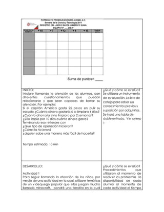 INICIO:
Iniciare llamando la atención de los alumnos, con
diferentes cuestionamientos que puedan
relacionarse y que sean capaces de llamar su
atención. Por ejemplo:
Si el capitán América gasta 25 pesos en pulir su
escudo ¿Cuánto dinero gastaría si lo limpiara 4 días?
¿Cuánto ahorraría si no limpiara por 2 semanas?
¿Si lo limpio por 10 días cuánto dinero gasto?
Terminando eso reiterare con
¿Qué tipo de operación hicieron?
¿Cómo la hicieron?
¿alguien sabe una manera más fácil de hacerla?
Tiempo estimado: 10 min
¿Qué y cómo se evalúa?
Se utilizara un instrumento
de evaluación. La lista de
cotejo para saber sus
conocimientos previos y
suposición por adquirirlos.
Se hará una tabla de
doble entrada. Ver anexo
1
DESARROLLO:
Actividad 1
Para seguir llamando la atención de los niños, por
medio de una actividad en la cual, utilizare temática
de un videojuego popular que ellos juegan mucho
llamado minecraft, pondré una tiendita en la cual
¿Qué y cómo se evalúa?
Procedimientos que
utilizaron al momento de
resolver los problemas la
disponibilidad de cada
alumno al momento de
cada actividad el tiempo
 