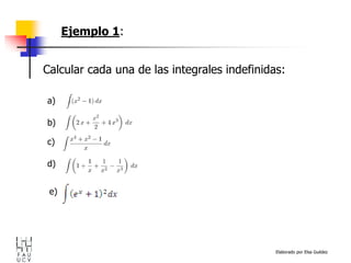 Elaborado por Elsa Guédez
Calcular cada una de las integrales indefinidas:
Ejemplo 1:
a)
b)
c)
d)
e)
 