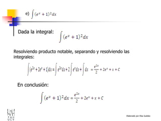 Elaborado por Elsa Guédez
Resolviendo producto notable, separando y resolviendo las
integrales:
Dada la integral:
e)
En conclusión:
 
