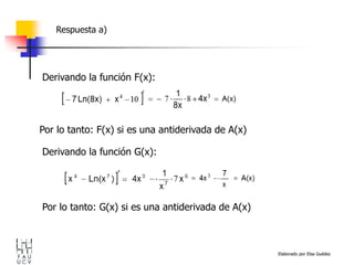 Elaborado por Elsa Guédez
Derivando la función F(x):
Respuesta a)
Derivando la función G(x):
Por lo tanto: F(x) si es una antiderivada de A(x)
Por lo tanto: G(x) si es una antiderivada de A(x)
 