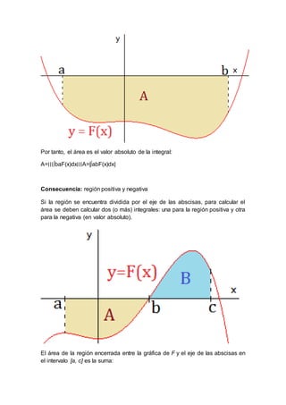 Por tanto, el área es el valor absoluto de la integral:
A=∣∣∣∫baF(x)dx∣∣∣A=|∫abF(x)dx|
Consecuencia: región positiva y negativa
Si la región se encuentra dividida por el eje de las abscisas, para calcular el
área se deben calcular dos (o más) integrales: una para la región positiva y otra
para la negativa (en valor absoluto).
El área de la región encerrada entre la gráfica de F y el eje de las abscisas en
el intervalo [a, c] es la suma:
 