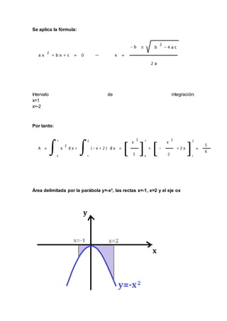 Se aplica la fórmula:
Intervalo de integración:
x=1
x=-2
Por tanto:
Área delimitada por la parábola y=-x², las rectas x=-1, x=2 y el eje ox
 