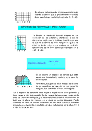 En el caso del rectángulo, el mismo procedimiento
permite establecer que el procedimiento de cálculo
de su superficie es igual al del cuadrado: 5 × 8 = 40.
SUPERFICIE DEL RECTÁNGULO = BASE × ALTURA
La fórmula de cálculo del área del triángulo, es una
derivación de las anteriores, atendiendo a que la
diagonal de rectángulos lo divide en dos triángulos; por
lo cual la superficie de todo triángulo es igual a la
mitad de la del polígono que resultaría de duplicarlo
tomando uno de sus lados como eje de simetría: 5 × 8
= 40 ÷ 2 = 20.
Si se observa un trapecio, se percibe que cada
una de sus diagonales lo convierte en la suma de
dos triángulos.
Por lo tanto, la superficie de un trapecio es la suma
de las superficies de uno de los dos pares de
triángulos que se forman al trazar una diagonal.
En el trapecio, se denomina base mayor al mayor de sus lados paralelos, y
base menor al otro lado paralelo. De tal manera, la base mayor resulta ser la
base de uno de los triángulos, y la base menor resulta ser la base del otro; en
tanto que la altura del trapecio es la altura de ambos triángulos. Puede
obtenerse la suma de ambas superficies en una única operación, sumando
ambas bases, dividiendo el resultado entre 2, y multiplicando por la altura: 9 + 6
= 15 ÷ 2 = 7,5 × 5 = 37,5.
 