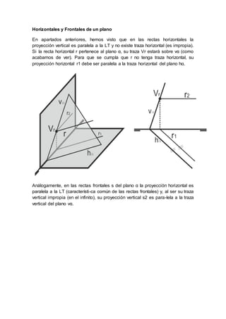 Horizontales y Frontales de un plano
En apartados anteriores, hemos visto que en las rectas horizontales la
proyección vertical es paralela a la LT y no existe traza horizontal (es impropia).
Si la recta horizontal r pertenece al plano α, su traza Vr estará sobre vα (como
acabamos de ver). Para que se cumpla que r no tenga traza horizontal, su
proyección horizontal r1 debe ser paralela a la traza horizontal del plano hα.
Análogamente, en las rectas frontales s del plano α la proyección horizontal es
paralela a la LT (característi-ca común de las rectas frontales) y, al ser su traza
vertical impropia (en el infinito), su proyección vertical s2 es para-lela a la traza
vertical del plano vα.
 