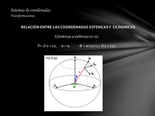Sistemas de coordenadas
Transformaciones
RELACIÓN ENTRE LAS COORDENADAS ESFERICASY CILÍNDRICAS
Cilíndricas a esféricas (r> 0):
P= √r2 + z2, ө = ө, Ф = arcos (z / √r2 + z2).
 