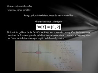 Sistemas de coordenadas
Función de Varias variables
Rango y dominio de funciones de varias variables
Ahora se escribe la imagen:
El dominio gráfico de la función se haya encontrando una gráfica bidimensional
que sirva de frontera para la indefinición y evaluando un punto por dentro y otro
por fuera y así determinar que región indefine a f y cual no.
 