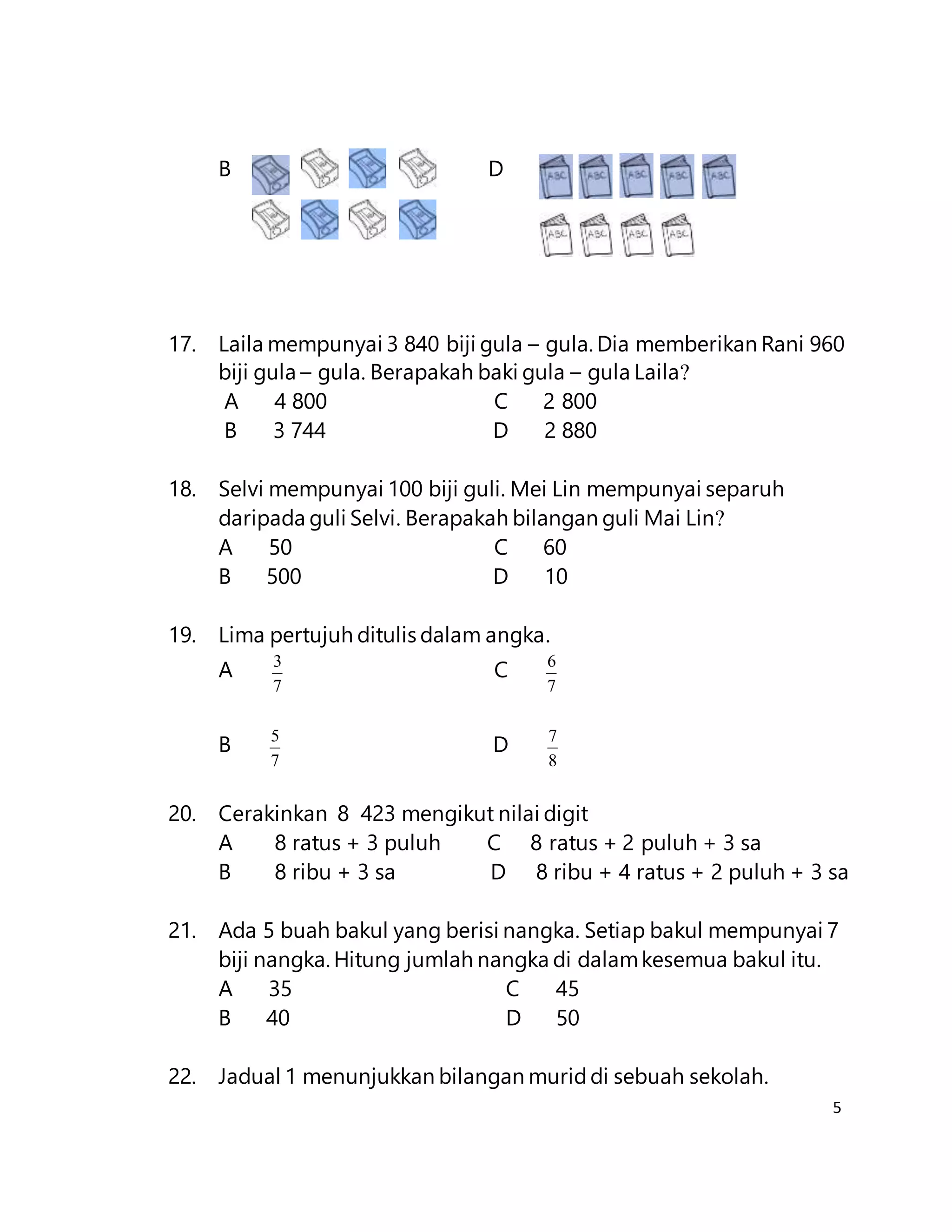 5
B D
17. Laila mempunyai 3 840 biji gula – gula. Dia memberikan Rani 960
biji gula – gula. Berapakah baki gula – gula Laila?
A 4 800 C 2 800
B 3 744 D 2 880
18. Selvi mempunyai 100 biji guli. Mei Lin mempunyai separuh
daripada guli Selvi. Berapakah bilangan guli Mai Lin?
A 50 C 60
B 500 D 10
19. Lima pertujuh ditulis dalam angka.
A
7
3
C
7
6
B
7
5
D
8
7
20. Cerakinkan 8 423 mengikut nilai digit
A 8 ratus + 3 puluh C 8 ratus + 2 puluh + 3 sa
B 8 ribu + 3 sa D 8 ribu + 4 ratus + 2 puluh + 3 sa
21. Ada 5 buah bakul yang berisi nangka. Setiap bakul mempunyai 7
biji nangka. Hitung jumlah nangka di dalamkesemua bakul itu.
A 35 C 45
B 40 D 50
22. Jadual 1 menunjukkan bilangan muriddi sebuah sekolah.
 