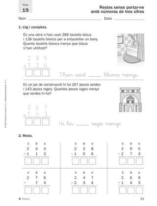 Fitxa
                                                                                                              Restes sense portar-ne
                                                               19                                          amb números de tres xifres
                                                             Nom                                                   Data

                                                             1. Llig i completa.

                                                                En una obra s’han usat 289 taulells blaus
                                                                i 136 taulells blancs per a entaulellar un bany.
                                                                Quants taulells blancs menys que blaus
                                                                s’han utilitzat?


                                                                1   2 8 9
                                                                    1 3 6
                                                                                       S´ha> usa†                  blancﬁ µenyﬁ.
© 2007 Edicions Voramar, S. L./Santillana Educación, S. L.




                                                                En un joc de construcció hi ha 267 peces verdes
                                                                i 143 peces roges. Quantes peces roges menys
                                                                que verdes hi ha?



                                                                1   2 6 7
                                                                    1 4 3
                                                                                       H”^ hå              ro@eﬁ µenyﬁ.
                                                             2. Resta.

                                                                    C    D   U                   C    D    U              C   D    U

                                                                    2    5   4                  2     2    8              2   9   5
                                                                    1    1   3                  1     0    6              2   7   3



                                                                    C    D   U                   C    D    U              C   D    U

                                                                    2    7   6                  2     4    7              2   6   9
                                                                         7   4                  2     3    4              1   4   3



                                                             ■ Reforç                                                                  21
 