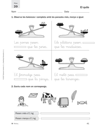 Fitxa

                                                               39                                                               El quilo
                                                             Nom                                                Data

                                                             1. Observa les balances i completa amb les paraules més, menys o igual.




                                                                Leﬁ poµeﬁ πeße>                       E”lﬁ plàtanﬁ πeße>
                                                                         q¤æ ¬eﬁ πe®eﬁ.                q¤æ ¬eﬁ madui≈eﬁ.
© 2007 Edicions Voramar, S. L./Santillana Educación, S. L.




                                                                E”¬ format@æ πeså                      E”¬ µeló πeså
                                                                         q¤æ lå pinyå.                 q¤æ ¬eﬁ taron@eﬁ.
                                                             2. Escriu cada nom on corresponga.




                                                                 Pesen més d’1 kg
                                                                   se
                                                                 Pesen menys d’1 kg
                                                                    e
                                                             ■ Reforç                                                                  41
 