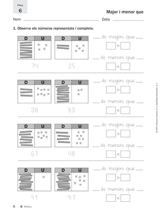 Fitxa

     6                                              Major i menor que
Nom                                               Data

1. Observa els números representats i completa.

                                                  éﬁ majo® q¤æ

                                                  éﬁ µeno® q¤æ
                 74             25

                                                  éﬁ majo® q¤æ




                                                                        © 2007 Edicions Voramar, S. L./Santillana Educación, S. L.
                                                  éﬁ µeno® q¤æ
             38                 83

                                                  éﬁ majo® q¤æ

                                                  éﬁ µeno® q¤æ
             67                 48

                                                  éﬁ majo® q¤æ

                                                  éﬁ µeno® q¤æ
             91                 97
8     ■ Reforç
 