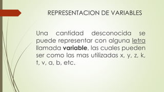 REPRESENTACION DE VARIABLES
Una cantidad desconocida se
puede representar con alguna letra
llamada variable, las cuales pueden
ser como las mas utilizadas x, y, z, k,
t, v, a, b, etc.
 
