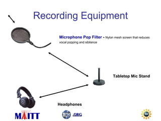 Recording Equipment Microphone Pop Filter  -  Nylon mesh screen that reduces vocal popping and sibilance   Tabletop Mic Stand Headphones 