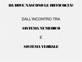 DA DOVE NASCONO LE DIFFICOLTÀ?
DALL’INCONTRO TRA
SISTEMA NUMERICO
E
SISTEMA VERBALE

 