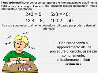 I fatti aritm
etici sono conoscenze apprese e immagazzinate stabilmente
nella m e m o ria a lung o te rm ine , che possono essere utilizzate in modo
immediato e spontaneo.

2+3 = 5;
12-4 = 8;

5x8 = 40;
100:2 = 50

I c a lc o li sono essenzialmente procedure utilizzate per produrre risultati
aritmetici.

Con l’esperienza e
l’apprendimento alcune
procedure di calcolo, usate più
comunemente,
si trasformano in fatti
aritmetici.

 