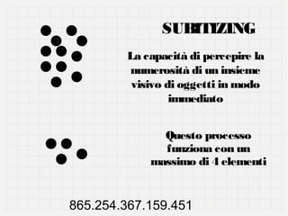 SUBITIZING
La capacità di percepire la
numerosità di un insieme
visivo di oggetti in modo
immediato
Questo processo
funziona con un
massimo di 4 elementi

865.254.367.159.451

 