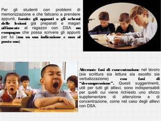 Per gli studenti con problemi di
memorizzazione e che faticano a prendere
appunti, fornite gli appunti o gli schemi
delle lezioni già preparati e magari
affiancate al ragazzo con DSA un
compagno che possa scrivere gli appunti
per lui (ma su sua indicazione e non al
posto suo)

Alternate fasi di concentrazione nel lavoro
(sia scrittura sia lettura sia ascolto sia
verbalizzazione)
con
fasi
di
“decompressione”. Questi suggerimenti,
utili per tutti gli allievi, sono indispensabili
per quelli cui viene richiesto uno sforzo
supplementare
di
attenzione
e
di
concentrazione, come nel caso degli allievi
con DSA.

 