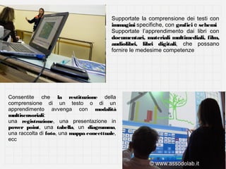 Supportate la comprensione dei testi con
immagini specifiche, con grafici e schemi
Supportate l’apprendimento dai libri con
documentari, materiali multimediali, film,
audiolibri, libri digitali, che possano
fornire le medesime competenze

Consentite che la restituzione della
comprensione di un testo o di un
apprendimento avvenga con modalità
multisensoriali:
una registrazione, una presentazione in
power point, una tabella, un diagramma,
una raccolta di foto, una mappa concettuale,
ecc

 