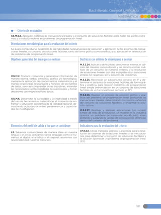 MATEMÁTICA
181
Bachillerato General Unificado
Criterio de evaluación
CE.M.5.8. Aplica los sistemas de inecuaciones lineales y el conjunto de soluciones factibles para hallar los puntos extre-
mos y la solución óptima en problemas de programación lineal.
Orientaciones metodológicas para la evaluación del criterio
Se quiere comprobar el desarrollo de las habilidades necesarias para la resolución y aplicación de los sistemas de inecua-
ciones lineales, su conjunto de soluciones factibles, tanto de forma gráfica como analítica, y su aplicación en la resolución
de problemas de programación lineal.
Objetivos generales del área que se evalúan Destrezas con criterio de desempeño a evaluar
OG.M.2. Producir, comunicar y generalizar información, de
manera escrita, verbal, simbólica, gráfica y/o tecnológica,
mediante la aplicación de conocimientos matemáticos y el
manejo organizado, responsable y honesto de las fuentes
de datos, para así comprender otras disciplinas, entender
las necesidades y potencialidades de nuestro país, y tomar
decisiones con responsabilidad social.
OG.M.6. Desarrollar la curiosidad y la creatividad a través
del uso de herramientas matemáticas al momento de en-
frentar y solucionar problemas de la realidad nacional, de-
mostrando actitudes de orden, perseverancia y capacida-
des de investigación.
M.5.2.24. Aplicar la divisibilidad de números enteros, el cál-
culo del máximo común divisor y del mínimo común múl-
tiplo de un conjunto de números enteros, y la resolución
de ecuaciones lineales con dos incógnitas (con soluciones
enteras no negativas) en la solución de problemas.
M.5.2.25. Reconocer un subconjunto convexo en R2
y de-
terminar el conjunto de soluciones factibles, de forma grá-
fica y analítica, para resolver problemas de programación
lineal simple (minimización en un conjunto de soluciones
factibles de un funcional lineal definido en R2
).
M.5.2.26. Realizar un proceso de solución gráfica y ana-
lítica del problema de programación lineal graficando las
inecuaciones lineales, determinando los puntos extremos
del conjunto de soluciones factibles, y encontrar la solu-
ción óptima.
M.5.2.27. Resolver y plantear aplicaciones (un modelo
simple de línea de producción, un modelo en la industria
química, un problema de transporte simplificado), inter-
pretando y juzgando la validez de las soluciones obtenidas
dentro del contexto del problema.
Elementos del perfil de salida a los que se contribuye Indicadores para la evaluación del criterio
I.3. Sabemos comunicarnos de manera clara en nuestra
lengua y en otras, utilizamos varios lenguajes como el nu-
mérico, el digital, el artístico y el corporal; asumimos con
responsabilidad nuestros discursos.
I.M.5.8.1. Utiliza métodos gráficos y analíticos para la reso-
lución de sistemas de ecuaciones lineales y de inecuacio-
nes, para determinar el conjunto de soluciones factibles y
la solución óptima de un problema de programación lineal.
(I.3.)
 