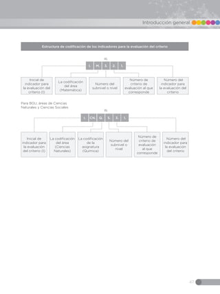 47
Introducción general
Estructura de codificación de los indicadores para la evaluación del criterio
Inicial de
indicador para
la evaluación del
criterio (I)
Número del
indicador para
la evaluación del
criterio
La codificación
del área
(Matemática)
Número de
criterio de
evaluación al que
corresponde
Número del
subnivel o nivel
Inicial de
indicador para
la evaluación
del criterio (I)
Número del
indicador para
la evaluación
del criterio
La codificación
del área
(Ciencias
Naturales)
Número de
criterio de
evaluación
al que
corresponde
La codificación
de la
asignatura
(Química)
Número del
subnivel o
nivel
ej.
ej.
I. M. 3. 2. 1.
I. CN. Q. 5. 3. 1.
Para BGU, áreas de Ciencias
Naturales y Ciencias Sociales
 