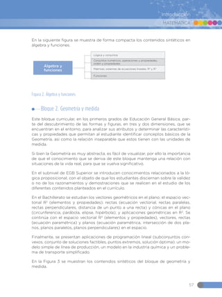 MATEMÁTICA
57
Introducción
En la siguiente figura se muestra de forma compacta los contenidos sintéticos en
álgebra y funciones.
Álgebra y
funciones
Lógica y conjuntos
Conjuntos numéricos, operaciones y propiedades,
orden y propiedades
Matrices, sistemas de ecuaciones lineales, R2
y R3
Funciones
Figura 2. Álgebra y funciones
Bloque 2. Geometría y medida
Este bloque curricular, en los primeros grados de Educación General Básica, par-
te del descubrimiento de las formas y figuras, en tres y dos dimensiones, que se
encuentran en el entorno, para analizar sus atributos y determinar las característi-
cas y propiedades que permitan al estudiante identificar conceptos básicos de la
Geometría, así como la relación inseparable que estos tienen con las unidades de
medida.
Si bien la Geometría es muy abstracta, es fácil de visualizar, por ello la importancia
de que el conocimiento que se deriva de este bloque mantenga una relación con
situaciones de la vida real, para que se vuelva significativo.
En el subnivel de EGB Superior se introducen conocimientos relacionados a la ló-
gica proposicional, con el objeto de que los estudiantes disciernan sobre la validez
o no de los razonamientos y demostraciones que se realicen en el estudio de los
diferentes contenidos planteados en el currículo.
En el Bachillerato se estudian los vectores geométricos en el plano; el espacio vec-
torial R2
(elementos y propiedades); rectas (ecuación vectorial, rectas paralelas,
rectas perpendiculares, distancia de un punto a una recta) y cónicas en el plano
(circunferencia, parábola, elipse, hipérbola); y aplicaciones geométricas en R2
. Se
continúa con el espacio vectorial R3
(elementos y propiedades), vectores, rectas
(ecuación paramétrica) y planos (ecuación paramétrica, intersección de dos pla-
nos, planos paralelos, planos perpendiculares) en el espacio.
Finalmente, se presentan aplicaciones de programación lineal (subconjuntos con-
vexos, conjunto de soluciones factibles, puntos extremos, solución óptima): un mo-
delo simple de línea de producción, un modelo en la industria química y un proble-
ma de transporte simplificado.
En la Figura 3 se muestran los contenidos sintéticos del bloque de geometría y
medida.
 