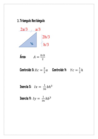 2.Triangulo Rectángulo
Área: 𝐴 =
𝑏∗ℎ
2
Centroide X: 𝑋𝑐 =
2
3
𝑎 Centroide Y: 𝑌𝑐 =
1
3
ℎ
Inercia X: 𝐼𝑥 =
1
36
𝑏ℎ3
Inercia Y: 𝐼𝑦 =
1
36
ℎ𝑏3
2a/3
2h/3
a/3
h/3