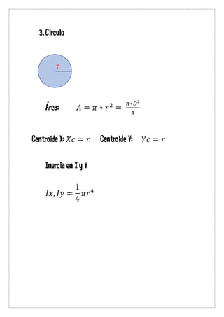 3.Circulo
Área: 𝐴 = 𝜋 ∗ 𝑟2
=
𝜋∗𝐷²
4
Centroide X: 𝑋𝑐 = 𝑟 Centroide Y: 𝑌𝑐 = 𝑟
Inercia en X y Y
𝐼𝑥, 𝐼𝑦 =
1
4
𝜋𝑟4
r