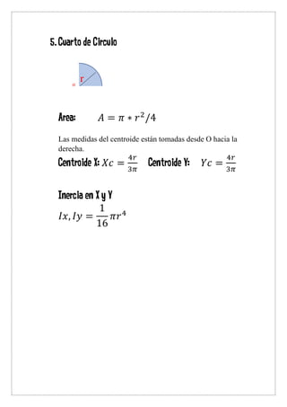 5.Cuarto de Circulo
Área: 𝐴 = 𝜋 ∗ 𝑟2
/4
Las medidas del centroide están tomadas desde O hacia la
derecha.
Centroide X: 𝑋𝑐 =
4𝑟
3𝜋
Centroide Y: 𝑌𝑐 =
4𝑟
3𝜋
Inercia en X y Y
𝐼𝑥, 𝐼𝑦 =
1
16
𝜋𝑟4
r
o
o