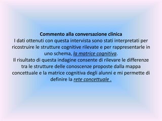 Commento alla conversazione clinica
I dati ottenuti con questa intervista sono stati interpretati per
ricostruire le strutture cognitive rilevate e per rappresentarle in
uno schema, la matrice cognitiva.
Il risultato di questa indagine consente di rilevare le differenze
tra le strutture delle conoscenze proposte dalla mappa
concettuale e la matrice cognitiva degli alunni e mi permette di
definire la rete concettuale .
 