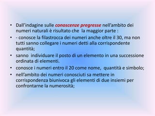 • Dall’indagine sulle conoscenze pregresse nell’ambito dei
numeri naturali è risultato che la maggior parte :
• - conosce la filastrocca dei numeri anche oltre il 30, ma non
tutti sanno collegare i numeri detti alla corrispondente
quantità;
• sanno individuare il posto di un elemento in una successione
ordinata di elementi.
• conosce i numeri entro il 20 come nome, quantità e simbolo;
• nell’ambito dei numeri conosciuti sa mettere in
corrispondenza biunivoca gli elementi di due insiemi per
confrontarne la numerosità;
 