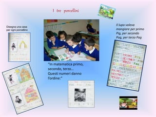 “In matematica primo,
secondo, terzo…
Questi numeri danno
l’ordine:”
Il lupo voleva
mangiare per primo
Pig, per secondo
Pog, per terzo Pag
I tre porcellini
Disegna una casa
per ogni porcellino
 
