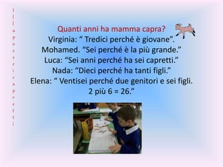 Quanti anni ha mamma capra?
Virginia: “ Tredici perché è giovane”.
Mohamed. “Sei perché è la più grande.”
Luca: “Sei anni perché ha sei capretti.”
Nada: “Dieci perché ha tanti figli.”
Elena: “ Ventisei perché due genitori e sei figli.
2 più 6 = 26.”
I
l
l
u
p
o
e
s
e
i
c
a
p
r
e
t
t
i
 