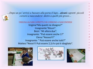 …Dopo un po’arrivò a bussare alla porta il lupo…alcuni capretti piccoli
corsero a nascondersi dietro a quelli più grossi…
DISEGNA ALCUNI CAPRETTI CHE CORRONO A NASCONDERSI
Virginia“Ma quanti ne disegno?”
Insegnante:”Alcuni”.
Besir: “Ah allora due”.
Insegnante: “Può essere anche 1?”
Elena:”Noooo!!!”
Insegnante: “ Può essere anche tutti?”
Matteo:”Nooo!!! Può essere 2,3,4 e poi è sbagliato”.
I
l
l
u
p
o
e
s
e
i
c
a
p
r
e
t
t
i
 