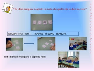 “ Tu devi mangiare i capretti in modo che quello che io dico sia vero.”
STAMATTINA TUTTI I CAPRETTI SONO BIANCHI.
Tutti i bambini mangiano il capretto nero.
I
l
l
u
p
o
e
s
e
i
c
a
p
r
e
t
t
i
 