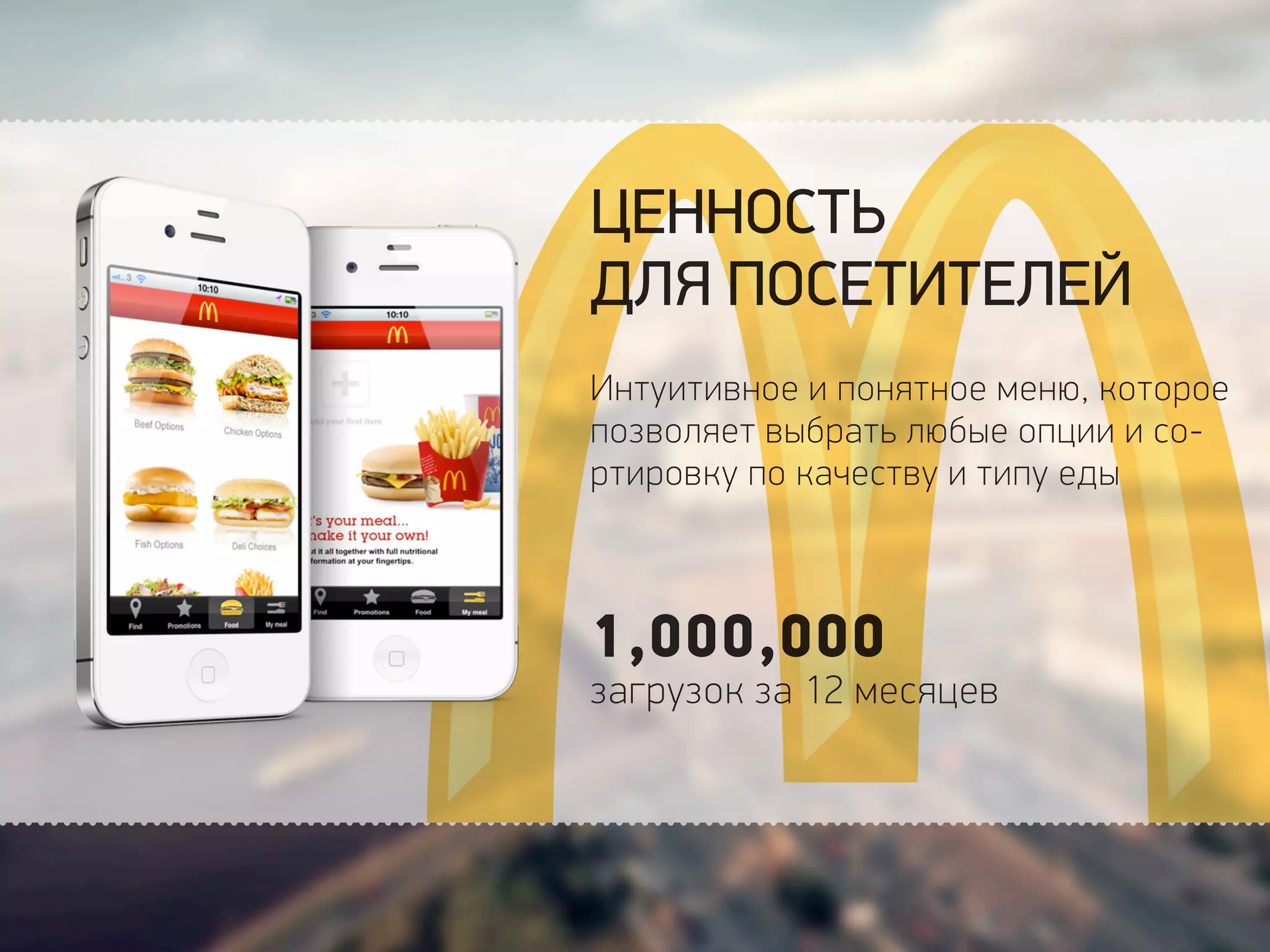 ЦЕННОСТЬ
ДЛЯ ПОСЕТИТЕЛЕЙ
Интуитивное и понятное меню, которое
позволяет выбрать любые опции и со-
ртировку по качеству и типу еды
1,000,000
загрузок за 12 месяцев
 