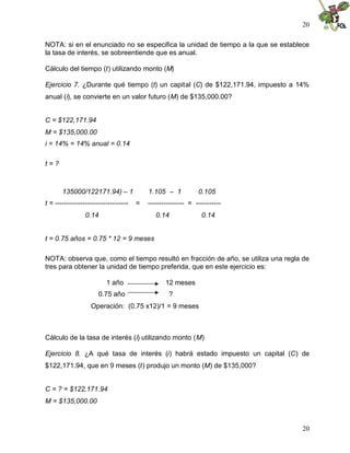 20

NOTA: si en el enunciado no se especifica la unidad de tiempo a la que se establece
la tasa de interés, se sobreentiende que es anual.

Cálculo del tiempo (t) utilizando monto (M)

Ejercicio 7. ¿Durante qué tiempo (t) un capital (C) de $122,171.94, impuesto a 14%
anual (i), se convierte en un valor futuro (M) de $135,000.00?


C = $122,171.94
M = $135,000.00
i = 14% = 14% anual = 0.14

t=?



       135000/122171.94) – 1               1.105 – 1           0.105
t = --------------------------------   =   ---------------- = -----------
                 0.14                         0.14               0.14


t = 0.75 años = 0.75 * 12 = 9 meses

NOTA: observa que, como el tiempo resultó en fracción de año, se utiliza una regla de
tres para obtener la unidad de tiempo preferida, que en este ejercicio es:

                          1 año                   12 meses
                       0.75 año                    ?
                   Operación: (0.75 x12)/1 = 9 meses



Cálculo de la tasa de interés (i) utilizando monto (M)

Ejercicio 8. ¿A qué tasa de interés (i) habrá estado impuesto un capital (C) de
$122,171.94, que en 9 meses (t) produjo un monto (M) de $135,000?


C = ? = $122,171.94
M = $135,000.00



                                                                                  20
 