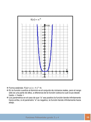Funciones Polinomiales grado 3 y 4 10
 Forma estándar. F(x)= a ( x - h )4
+k
 En la función cuartica el dominio es el conjunto de números reales, pero el rango
sólo es una parte de ellos, a diferencia de la función cúbica la cual cruza desde
hasta -∞ hasta ∞
 Los parámetros en el caso de que “a” sea positivo la función tiende infinitamente
hacia arriba, si el parámetro “a” es negativo, la función tiende infinitamente hacia
abajo.
 