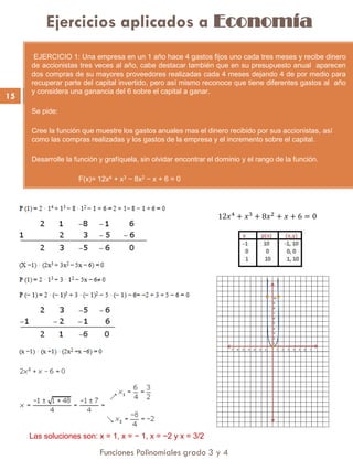 Ejercicios aplicados a Economía
Funciones Polinomiales grado 3 y 4
15
EJERCICIO 1: Una empresa en un 1 año hace 4 gastos fijos uno cada tres meses y recibe dinero
de accionistas tres veces al año, cabe destacar también que en su presupuesto anual aparecen
dos compras de su mayores proveedores realizadas cada 4 meses dejando 4 de por medio para
recuperar parte del capital invertido, pero así mismo reconoce que tiene diferentes gastos al año
y considera una ganancia del 6 sobre el capital a ganar.
Se pide:
Cree la función que muestre los gastos anuales mas el dinero recibido por sus accionistas, así
como las compras realizadas y los gastos de la empresa y el incremento sobre el capital.
Desarrolle la función y grafíquela, sin olvidar encontrar el dominio y el rango de la función.
F(x)= 12x4 + x3 − 8x2 − x + 6 = 0
Las soluciones son: x = 1, x = − 1, x = −2 y x = 3/2
12𝑥4
+ 𝑥3
+ 8𝑥2
+ 𝑥 + 6 = 0
 