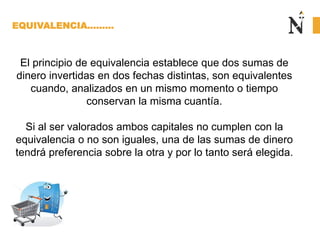 EQUIVALENCIA.……..
El principio de equivalencia establece que dos sumas de
dinero invertidas en dos fechas distintas, son equivalentes
cuando, analizados en un mismo momento o tiempo
conservan la misma cuantía.
Si al ser valorados ambos capitales no cumplen con la
equivalencia o no son iguales, una de las sumas de dinero
tendrá preferencia sobre la otra y por lo tanto será elegida.
 