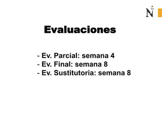 - Ev. Parcial: semana 4
- Ev. Final: semana 8
- Ev. Sustitutoria: semana 8
Evaluaciones
 