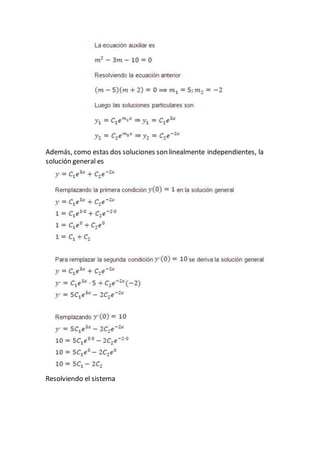 Además, como estas dos soluciones son linealmente independientes, la 
solución general es 
Resolviendo el sistema 
 