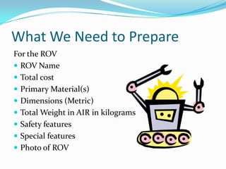 What We Need to PrepareFor the ROVROV NameTotal costPrimary Material(s)Dimensions (Metric)Total Weight in AIR in kilogramsSafety featuresSpecial featuresPhoto of ROV