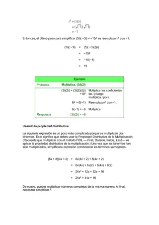 Entonces, el último paso para simplificar (5i)( −3i) = −15i2
es reemplazar i2
con −1.
(5i)( −3i) = (5)( −3)(i)(i)
= −15i2
= −15(−1)
= 15
Ejemplo
Problema Multiplica. (3i)(2i)
(3i)(2i) = (3)(2)(i)(i)
= 6i2
Multiplica los coeficientes
de i y luego
multiplica i por i.
6i2
= 6(−1)
6(−1) = −6
Reemplaza i2
con –1.
Multiplica.
Respuesta (3i)(2i) = −6
Usando la propiedad distributiva
La siguiente expresión es un poco más complicada porque se multiplican dos
binomios. Esto significa que debes usar la Propiedad Distributiva de la Multiplicación.
(Recuerda que multiplicar con el método FOIL — First, Outside, Inside, Last — es
aplicar la propiedad distributiva de la multiplicación.) Una vez que los binomios han
sido multiplicados, simplifica la expresión combinando los términos semejantes.
(6x + 8)(4x + 2) = 6x(4x + 2) + 8(4x + 2)
= 6x(4x) + 6x(2) + 8(4x) + 8(2)
= 24x2
+ 12x + 32x + 16
= 24x2
+ 44x + 16
De nuevo, puedes multiplicar números complejos de la misma manera. Al final,
necesitas simplificar i2
.
 