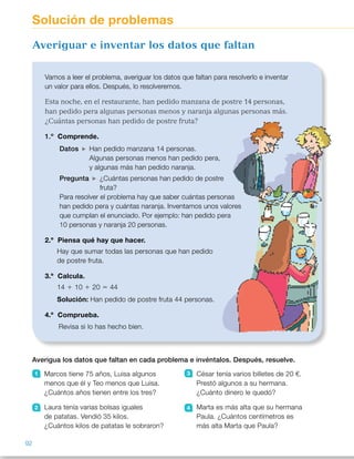 Averigua los datos que faltan en cada problema e invéntalos. Después, resuelve.
1 Marcos tiene 75 años, Luisa algunos
menos que él y Teo menos que Luisa.
¿Cuántos años tienen entre los tres?
2 Laura tenía varias bolsas iguales
de patatas. Vendió 35 kilos.
¿Cuántos kilos de patatas le sobraron?
3 César tenía varios billetes de 20 €.
Prestó algunos a su hermana.
¿Cuánto dinero le quedó?
4 Marta es más alta que su hermana
Paula. ¿Cuántos centímetros es
más alta Marta que Paula?
Vamos a leer el problema, averiguar los datos que faltan para resolverlo e inventar
un valor para ellos. Después, lo resolveremos.
Esta noche, en el restaurante, han pedido manzana de postre 14 personas,
han pedido pera algunas personas menos y naranja algunas personas más.
¿Cuántas personas han pedido de postre fruta?
1.º Comprende.
Datos Han pedido manzana 14 personas.
Algunas personas menos han pedido pera,
y algunas más han pedido naranja.
Pregunta ¿Cuántas personas han pedido de postre
fruta?
Para resolver el problema hay que saber cuántas personas
han pedido pera y cuántas naranja. Inventamos unos valores
que cumplan el enunciado. Por ejemplo: han pedido pera
10 personas y naranja 20 personas.
2.º Piensa qué hay que hacer.
Hay que sumar todas las personas que han pedido
de postre fruta.
3.º Calcula.
14 1 10 1 20 5 44
Solución: Han pedido de postre fruta 44 personas.
4.º Comprueba.
Revisa si lo has hecho bien.
Averiguar e inventar los datos que faltan
Solución de problemas
92
ES0000000024590 663006-Unidad 06_22589.indd 92 10/03/2015 13:16:58
Propósitos
•  Resolver problemas averiguando  
e inventando los datos que faltan.
•  Completar unos cálculos e inventar
problemas que se resuelvan  
con dichos cálculos.
Sugerencias didácticas
Para explicar. Haga que los alumnos
lean detenidamente el problema  
y pregúnteles qué operación hay que
realizar para resolverlo y qué datos
hay que utilizar. Explique cuáles son
los datos que faltan y muestre que se
han inventado para esos datos unos
valores que cumplen las condiciones
del enunciado. Pídales que ellos
mismos propongan otros valores
posibles que cumplan también las
condiciones, y que después resuelvan
los problemas que hayan obtenido.
Actividades
1 	 R. M. Marcos tiene 75 años, Luisa
5 años menos que él y Teo 5 años
menos que Luisa. ¿Cuántos años
tienen entre los tres? 
75 1 70 1 65 5 210 
Entre los tres tienen 210 años.
2 	 R. M. Laura tenía 9 bolsas  
de patatas de 12 kg cada una.  
Vendió 35 kilos. ¿Cuántos kilos 
de patatas le sobraron? 
12 3 9 2 35 5 73 
Le sobraron 73 kg de patatas.
3 	 R. M. César tenía 7 billetes de 20 €.
Prestó 2 billetes a su hermana.
¿Cuánto dinero le quedó? 
7 3 20 2 2 3 20 5 100 
Le quedaron 100 €.
4 	 R. M. Marta mide 135 cm  
y su hermana Paula 116 cm.
¿Cuántos centímetros es más alta
Marta que Paula? 
135 2 116 5 19 
Marta mide 19 cm más que Paula.
5 	 R. M. David compró 3 libros por  
9 € cada uno y una bufanda  
por 12 €. ¿Cuánto dinero gastó
David? 
3 3 9 1 12 5 39 
David gastó 39 €.
Otras actividades
•  Agrupe a los alumnos por parejas e indique a cada alumno que  
le diga a su compañero dos cálculos sencillos (hechos mentalmente), 
para que este los escriba en una hoja e invente el enunciado de un problema,
que se resuelva con dichos cálculos. A continuación, entre los dos resolverán
el problema inventado comprobando si realizan los dos cálculos  
propuestos al principio.
18
 