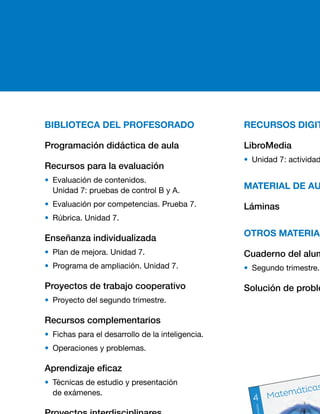 BIBLIOTECA DEL PROFESORADO
Programación didáctica de aula
Recursos para la evaluación
• Evaluación de contenidos.
Unidad 7: pruebas de control B y A.
• Evaluación por competencias. Prueba 7.
•  Rúbrica. Unidad 7.
Enseñanza individualizada
• Plan de mejora. Unidad 7.
• Programa de ampliación. Unidad 7.
Proyectos de trabajo cooperativo
• Proyecto del segundo trimestre.
Recursos complementarios
• Fichas para el desarrollo de la inteligencia.
• Operaciones y problemas.
Aprendizaje eficaz
• Técnicas de estudio y presentación
de exámenes.
Proyectos interdisciplinares
• Programa de Educación en valores.
• Programa de Educación emocional.
• Inteligencias múltiples.
RECURSOS DIGITALES
LibroMedia
• Unidad 7: actividades y recursos.
MATERIAL DE AULA
Láminas
OTROS MATERIALES DEL PROYECTO
Cuaderno del alumno
• Segundo trimestre. Unidad 7.
Solución de problemas. Método DECA
SUGERENCIA DE TEMPORALIZACIÓN
Enero MarzoFebrero
ES0000000024590 663006_Matematicas_4_GRAZ_24259
PRIMARIA
PRIMARIA
Matemáticas
PRIMARIA
ANDALUCÍAMatemáticas
ANDALUCÍA
Matemáticas
ANDALUCÍA
ES0000
000024
590 663006
_Matem
aticas_4_GRA
Z_2425
9.indd
1
04/03/2
015 11:21:19
ES0000000024593 663039_Cdno_Matematicas_4-2_22732
PRIMARIA
Matemáticas
Segundo trimestre
Matemáticas
Segundo trimestre
PRIMARIA
CUADERNO
CUADERNO
ES0000000024593 663039_Cdno_Matematicas_4-2_22732.indd 1 19/02/2015 16:56:18
25
 