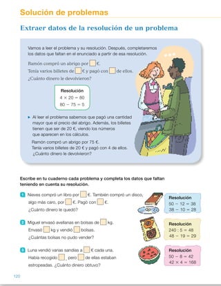 Escribe en tu cuaderno cada problema y completa los datos que faltan
teniendo en cuenta su resolución.
1 Nieves compró un libro por €. También compró un disco,
algo más caro, por €. Pagó con €.
¿Cuánto dinero le quedó?
2 Miguel envasó avellanas en bolsas de kg.
Envasó kg y vendió bolsas.
¿Cuántas bolsas no pudo vender?
3 Luna vendió varias sandías a € cada una.
Había recogido , pero de ellas estaban
estropeadas. ¿Cuánto dinero obtuvo?
Vamos a leer el problema y su resolución. Después, completaremos
los datos que faltan en el enunciado a partir de esa resolución.
Ramón compró un abrigo por €.
Tenía varios billetes de € y pagó con de ellos.
¿Cuánto dinero le devolvieron?
Al leer el problema sabemos que pagó una cantidad
mayor que el precio del abrigo. Además, los billetes
tienen que ser de 20 €, viendo los números
que aparecen en los cálculos.
Ramón compró un abrigo por 75 €.
Tenía varios billetes de 20 € y pagó con 4 de ellos.
¿Cuánto dinero le devolvieron?
Extraer datos de la resolución de un problema
Solución de problemas
Resolución
50 2 12 5 38
38 2 10 5 28
Resolución
50 2 8 5 42
42 3 4 5 168
Resolución
240 : 5 5 48
48 2 19 5 29
Resolución
4 3 20 5 80
80 2 75 5 5
120
ES0000000024590 663006-Unidad 08_22591.indd 120 10/03/2015 13:16:42
Propósitos
•  Completar problemas extrayendo
los datos de la resolución.
•  Inventar problemas utilizando
determinadas palabras y que se
resuelvan con unos cálculos dados.
Sugerencias didácticas
Para explicar. Comente a los
alumnos que en el enunciado  
del problema faltan algunos datos  
y señale que debemos completarlos
obteniéndolos a partir de los cálculos
de su resolución.
Indíqueles que los primeros huecos  
en el enunciado no corresponden
necesariamente a los primeros datos
de los cálculos. Deje que los alumnos
vayan aportando sus propuestas,
analizando la corrección de cada  
una de ellas. Muestre la necesidad  
de determinar si el enunciado
obtenido tiene sentido y si se resuelve
con los cálculos dados.
Actividades
1   Nieves compró un libro por  
10 €. También compró un disco
algo más caro, por 12 €.  
Pagó con 50 €. ¿Cuánto dinero  
le quedó?
2   Miguel envasó avellanas en bolsas
de 5 kg. Envasó 240 kg y vendió
19 bolsas. ¿Cuántas bolsas  
no pudo vender?
3   Luna vendió varias sandías
a 4 € cada una. Había recogido
50, pero 8 de ellas estaban
estropeadas. ¿Cuánto dinero
obtuvo?
4   Leonor compró una lavadora  
que costaba 455 €. Pagó con  
9 billetes de 50 € y un billete  
de 5 €. ¿Cuánto dinero  
le devolvieron?
5   A una excursión se apuntaron  
130 hombres, pero se borraron 45
(o 20). Se apuntaron más mujeres
que hombres, 150 mujeres,  
y se borraron 20 (o 45). ¿Cuántas
personas fueron al final?
Otras actividades
•  Agrupe a los alumnos y pida a cada grupo que escriba un problema  
y lo resuelva. Después, en una hoja aparte, escribirán el enunciado  
quitando los datos y, debajo de él, los cálculos que han usado  
para resolverlo. Lo pasarán a otro grupo que intentará reconstruirlo.  
Una vez hecho, cada grupo comprobará el desempeño de sus compañeros.
Comente algunas de las propuestas y sus resoluciones en común.
50
 
