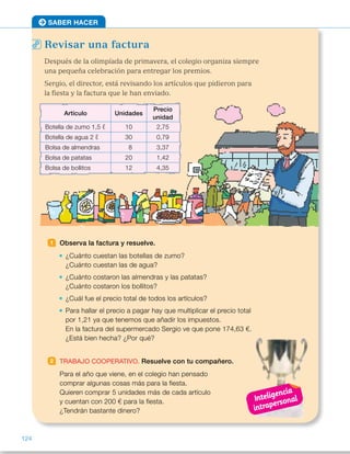 Revisar una factura
Después de la olimpíada de primavera, el colegio organiza siempre
una pequeña celebración para entregar los premios.
Sergio, el director, está revisando los artículos que pidieron para
la fiesta y la factura que le han enviado.
1 Observa la factura y resuelve.
¿Cuánto cuestan las botellas de zumo?
¿Cuánto cuestan las de agua?
¿Cuánto costaron las almendras y las patatas?
¿Cuánto costaron los bollitos?
¿Cuál fue el precio total de todos los artículos?
Para hallar el precio a pagar hay que multiplicar el precio total
por 1,21 ya que tenemos que añadir los impuestos.
En la factura del supermercado Sergio ve que pone 174,63 €.
¿Está bien hecha? ¿Por qué?
2 TRABAJO COOPERATIVO. Resuelve con tu compañero.
Para el año que viene, en el colegio han pensado
comprar algunas cosas más para la fiesta.
Quieren comprar 5 unidades más de cada artículo
y cuentan con 200 € para la fiesta.
¿Tendrán bastante dinero?
SABER HACER
Artículo Unidades
Precio
unidad
Botella de zumo 1,5 ℓ 10 2,75
Botella de agua 2 ℓ 30 0,79
Bolsa de almendras 8 3,37
Bolsa de patatas 20 1,42
Bolsa de bollitos 12 4,35
124
ES0000000024590 663006-Unidad 08_22591.indd 124 10/03/2015 13:16:49
Propósitos
•  Desarrollar la competencia
matemática resolviendo problemas
de la vida cotidiana.
•  Repasar contenidos clave.
Actividades pág. 124
1 	 •  2,75 3 10 5 27,5  
0,79 3 30 5 23,7 
Zumo: 27,50 €. 
Agua: 23,70 €.
 	 •  8 3 3,37 1 20 3 1,42 5 55,36
Almendras y patatas: 55,26 €.
4,35 3 12 5 52,2 
Bollitos: 52,20 €.
 	 •  27,5 1 23,7 1 26,96 1 28,4 1  
1 52,2 5 158,76 
Precio total: 158,76 €.
 	 •  158,76 3 1,21 5 192,0996 €
La factura no está bien hecha
porque el total a pagar por el
colegio, redondeando, es
192,10 €.
2 	 5 3 (2,75 1 0,79 1 3,37 1  
1 1,42 1 4,35) 5 63,4 
158,76 1 63,4 5 222,16 € 
No tendrán suficiente con 200 €
para la fiesta.
Actividades pág. 125
1 	 •  300.089 	 •  6.100.004
 	 •  
2
6
 	 •  
3
8
 	 •  9,02 	 •  19,015
2 	 •  3 CM 1 6 UM 1 7 C 1 1 D 1 
1 5 U 5 300.000 1 6.000 1 
1 700 1 10 1 5 
Trescientos seis mil setecientos
quince.
 	 •  8 U. de millón 1 1 CM 1 2 C 1 
1 4 U 5 8.000.000 1 100.000 1 
1 200 1 4 
Ocho millones cien mil
doscientos cuatro.
 	 •  7 U 1 9 d 1 4 c 5 
5 7 1 0,9 1 0,04 
7 unidades y 94 centésimas.
 	 •  1 D 1 2 U 1 7 d 1 6 m 5 
5 10 1 2 1 0,7 1 0,006  
12 unidades y 706 milésimas.
Desarrollo de la competencia matemática
•  En esta página los alumnos aplican las operaciones con decimales
estudiadas en la unidad para resolver una situación de la vida real. 
Es una situación próxima a ellos y que les resultará interesante.
A la hora de abordar el trabajo cooperativo, pida a los alumnos que pongan
por escrito cuál va a ser su modo de trabajo: qué van a calcular, por qué  
y cómo van a realizar esos cálculos. Pídales también que calculen cuánto
dinero necesitarán para la fiesta o cuántas unidades más de cada producto
(o de algún producto en concreto) podrían comprar con el presupuesto  
de 200 €.
Inteligencia
intrapersonal
54
 