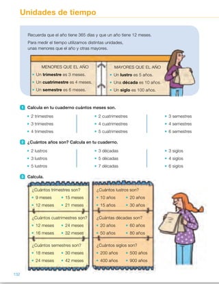 Unidades de tiempo
1 Calcula en tu cuaderno cuántos meses son.
2 trimestres
3 trimestres
4 trimestres
2 cuatrimestres
4 cuatrimestres
5 cuatrimestres
3 semestres
4 semestres
6 semestres
2 ¿Cuántos años son? Calcula en tu cuaderno.
2 lustros
3 lustros
5 lustros
3 décadas
5 décadas
7 décadas
3 siglos
4 siglos
6 siglos
3 Calcula.
Recuerda que el año tiene 365 días y que un año tiene 12 meses.
Para medir el tiempo utilizamos distintas unidades,
unas menores que el año y otras mayores.
MENORES QUE EL AÑO
Un trimestre es 3 meses.
Un cuatrimestre es 4 meses.
Un semestre es 6 meses.
MAYORES QUE EL AÑO
Un lustro es 5 años.
Una década es 10 años.
Un siglo es 100 años.
¿Cuántos trimestres son?
9 meses 15 meses
12 meses 21 meses
¿Cuántos lustros son?
10 años 20 años
15 años 30 años
¿Cuántos cuatrimestres son?
12 meses 24 meses
16 meses 32 meses
¿Cuántas décadas son?
20 años 60 años
50 años 80 años
¿Cuántos semestres son?
18 meses 30 meses
24 meses 42 meses
¿Cuántos siglos son?
200 años 500 años
400 años 900 años
132
ES0000000024590 663006-Unidad 09_22592.indd 132 10/03/2015 13:22:54
Propósitos
•  Conocer la equivalencia entre  
las distintas unidades de tiempo.
•  Resolver situaciones reales con  
unidades de tiempo.
Sugerencias didácticas
Para explicar. Pida a los alumnos  
que observen el cuadro y recuérdeles
los días y los meses que tiene un año.  
Exprese que hay unidades de tiempo
menores que el año y nómbrelas
escribiendo su equivalencia en la
pizarra. Proceda de forma análoga
con las unidades de tiempo mayores
que el año.
Para reforzar. Agrupe a los alumnos  
y pídales que preparen, en forma  
de mural, de línea del tiempo, de
esquema, etc., un resumen donde
aparezcan todas las unidades  
de tiempo y sus equivalencias.
Actividades
1 	 •  6 meses	 •  8 meses
	 •  9 meses	 •  16 meses
	 •  12 meses	 •  20 meses
	 •  18 meses
	 •  24 meses
	 •  36 meses
2 	 •  10 años	 •  30 años
	 •  15 años	 •  50 años
	 •  25 años	 •  70 años
	 • 300 años
	 • 400 años
	 •  600 años
3 	 •  3 trimestres	 •  2 lustros
	 •  4 trimestres	 •  3 lustros
	 •  5 trimestres	 •  4 lustros
	 •  7 trimestres	 •  6 lustros    
	 •  3 cuatrimestres	 •  2 décadas
	 •  4 cuatrimestres	 •  5 décadas
	 •  6 cuatrimestres	 •  6 décadas
	 •  8 cuatrimestres	 •  8 décadas    
	 •  3 semestres	 •  2 siglos
	 •  4 semestres	 •  4 siglos
	 •  5 semestres	 •  5 siglos
	 •  7 semestres	 •  9 siglos
Otras actividades
•  Pregunte a los alumnos cuántos y cuáles son los meses del año y escríbalos   
ordenados en la pizarra. Calcule de forma colectiva cuántos trimestres  
y semestres hay en un año, y qué meses forman cada uno de ellos. Hágales
observar que el curso escolar no comienza en enero, por lo que el primer
trimestre de curso no coincide con el primer trimestre del año.
•  Nombre algunas fechas señaladas del año para que los alumnos digan  
de qué trimestre o semestre son. Por ejemplo: el día de Reyes,  
el comienzo de las vacaciones de verano o Navidad, el cumpleaños  
de cada niño…
64
 