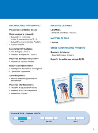 BIBLIOTECA DEL PROFESORADO
Programación didáctica de aula
Recursos para la evaluación
• Evaluación de contenidos.
Unidad 6: pruebas de control B y A.
• Evaluación por competencias. Prueba 6.
•  Rúbrica. Unidad 6.
Enseñanza individualizada
• Plan de mejora. Unidad 6.
• Programa de ampliación. Unidad 6.
Proyectos de trabajo cooperativo
• Proyecto del segundo trimestre.
Recursos complementarios
• Fichas para el desarrollo de la inteligencia.
• Operaciones y problemas.
Aprendizaje eficaz
• Técnicas de estudio y presentación
de exámenes.
Proyectos interdisciplinares
• Programa de Educación en valores.
• Programa de Educación emocional.
•  Inteligencias múltiples.
RECURSOS DIGITALES
LibroMedia
• Unidad 6: actividades y recursos.
MATERIAL DE AULA
Láminas
OTROS MATERIALES DEL PROYECTO
Cuaderno del alumno
• Segundo trimestre. Unidad 6.
Solución de problemas. Método DECA
ES0000000024590 663006_Matematicas_4_GRAZ_24259
PRIMARIA
PRIMARIA
Matemáticas
PRIMARIA
ANDALUCÍAMatemáticas
ANDALUCÍA
Matemáticas
ANDALUCÍA
ES0000
000024
590 663006
_Matem
aticas_4_GRA
Z_2425
9.indd
1
04/03/2
015 11:21:19
ES0000000024593 663039_Cdno_Matematicas_4-2_22732
PRIMARIA
Matemáticas
Segundo trimestre
Matemáticas
Segundo trimestre
PRIMARIA
CUADERNO
CUADERNO
ES0000000024593 663039_Cdno_Matematicas_4-2_22732.indd 1 19/02/2015 16:56:18
SUGERENCIA DE TEMPORALIZACIÓN
Enero MarzoFebrero
7
 