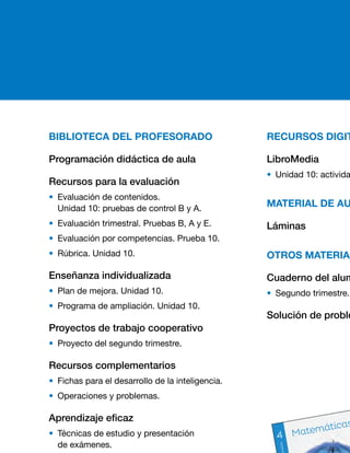 BIBLIOTECA DEL PROFESORADO
Programación didáctica de aula
Recursos para la evaluación
• Evaluación de contenidos.
Unidad 10: pruebas de control B y A.
• Evaluación trimestral. Pruebas B, A y E.
• Evaluación por competencias. Prueba 10.
•  Rúbrica. Unidad 10.
Enseñanza individualizada
• Plan de mejora. Unidad 10.
• Programa de ampliación. Unidad 10.
Proyectos de trabajo cooperativo
• Proyecto del segundo trimestre.
Recursos complementarios
• Fichas para el desarrollo de la inteligencia.
• Operaciones y problemas.
Aprendizaje eficaz
• Técnicas de estudio y presentación
de exámenes.
Proyectos interdisciplinares
• Programa de Educación en valores.
• Programa de Educación emocional.
• Inteligencias múltiples.
RECURSOS DIGITALES
LibroMedia
• Unidad 10: actividades y recursos.
MATERIAL DE AULA
Láminas
OTROS MATERIALES DEL PROYECTO
Cuaderno del alumno
• Segundo trimestre. Unidad 10.
Solución de problemas. Método DECA
SUGERENCIA DE TEMPORALIZACIÓN
Enero MarzoFebrero
La temporalización de esta unidad y de las siguientes puede variar en función de las fechas de la Semana Santa.
ES0000000024590 663006_Matematicas_4_GRAZ_24259
PRIMARIA
PRIMARIA
Matemáticas
PRIMARIA
ANDALUCÍAMatemáticas
ANDALUCÍA
Matemáticas
ANDALUCÍA
ES0000
000024
590 663006
_Matem
aticas_4_GRA
Z_2425
9.indd
1
04/03/2
015 11:21:19
ES0000000024593 663039_Cdno_Matematicas_4-2_22732
PRIMARIA
Matemáticas
Segundo trimestre
Matemáticas
Segundo trimestre
PRIMARIA
CUADERNO
CUADERNO
ES0000000024593 663039_Cdno_Matematicas_4-2_22732.indd 1 19/02/2015 16:56:18
75
 