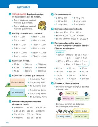 6 Expresa en metros.
2 dam y 6 m 5 hm y 4 m
4 dam y 3 m 2 km y 145 m
3 hm y 25 m 7 km y 90 m
7 Expresa en la unidad indicada.
En dam: 40 m 80 m 190 m
En hm: 300 m 700 m 1.500 m
En km: 5.000 m 9.000 m 21.000 m
8 Expresa cada medida usando
el mayor número de unidades posible.
Fíjate en los ejemplos.
63 cm 89 cm 95 cm
163 cm 489 cm 720 cm
134 m 568 m 712 m
2.789 m 4.720 m 6.914 m
9 Observa el dibujo y ordena.
De menor a mayor, la longitud de estos
rollos de cinta.
De mayor a menor, las distancias
recorridas por estas motos.
1 VOCABULARIO. Escribe el nombre
de las unidades que se indican.
Tres unidades de longitud
menores que el metro.
Tres unidades de longitud
mayores que el metro.
2 Copia y completa en tu cuaderno.
1 m 5 … dm 23 m 5 … mm
7 m 5 … cm 45 m 5 … mm
1 dm 5 … cm 14 dm 5 … cm
8 dm 5 … cm 31 m 5 … cm
1 cm 5 … mm 62 cm 5 … mm
9 cm 5 … mm 74 cm 5 … mm
3 Expresa en metros.
10 dm 300 cm 2.000 mm
40 dm 600 cm 5.000 mm
70 dm 800 cm 9.000 mm
4 Expresa en la unidad que se indica.
4 m, 5 dm y 7 cm
2 m, 6 dm y 9 cm
17 m, 8 dm y 9 cm
3 m, 8 cm y 5 mm
5 m, 4 cm y 6 mm
14 m, 9 cm y 7 mm
5 Ordena cada grupo de medidas
de mayor a menor.
4.000 mm 41 dm 4 m y 9 cm
9 dm y 5 cm 960 cm 9.000 mm
3 m y 2 dm 330 cm 34 dm
7.000 mm 690 cm 68 dm
ACTIVIDADES
En centímetros
En milímetros
EJEMPLO
257 cm 5 200 cm 1 50 cm 1 7 cm 5
5 2 m 1 5 dm 1 7 cm
468 m 5 400 m 1 60 m 1 8 m 5
5 4 hm 1 6 dam 1 8 m
24 km y 15 hm
3 m y 80 dm
2 dam y 9 m
1 hm y 20 dam
76 km y 9 dam
58 km y 7 hm
152
ES0000000024590 663006-Unidad 10_22593.indd 152 10/03/2015 13:21:43
Propósitos
•  Repasar los contenidos básicos  
de la unidad.
Actividades
1 	 •  Decímetro, centímetro  
y milímetro.
 	 •  Decámetro, hectómetro  
y kilómetro.
2 	 •  10 dm 	 •  23.000 mm
	 •  700 cm 	 •  45.000 mm
	 •  10 cm 	 •  140 cm
	 •  80 cm 	 •  3.100 cm
	 •  10 mm 	 •  620 mm
	 •  90 mm 	 •  740 mm
3 	 •  1 m 	 •  3 m 	 •  2 m
	 •  4 m 	 •  6 m 	 •  5 m
	 •  7 m 	 •  8 m 	 •  9 m
4 	 •  457 cm
	 •  269 cm
	 •  1.789 cm
	 •  3.085 mm
	 •  5.046 mm
	 •  14.097 mm
5 	 •  41 dm . 4 m y 9 cm . 4.000 mm
 	 •  960 cm . 9.000 mm .  
. 9 dm y 5 cm
 	 •  34 dm . 330 cm . 3 m y 2 dm
 	 •  7.000 mm . 690 cm . 68 dm
6 	 •  26 m 	 •  504 m
	 •  43 m 	 •  2.145 m
	 •  325 m 	 •  7.090 m
7 	 •  4 dam 8 dam 19 dam
 	 •  3 hm 7 hm 15 hm
 	 •  5 km 9 km 21 km
8 	 •  6 dm 1 3 cm
 	 •  8 dm 1 9 cm
 	 •  9 dm 1 5 cm
	 •  1 m 1 6 dm 1 3 cm
	 •  4 m 1 8 dm 1 9 cm
	 •  7 m 1 2 dm
 	 •  1 hm 1 3 dam 1 4 m
	 •  5 hm 1 6 dam 1 8 m
 	 •  7 hm 1 1 dam 1 2 m
 	 •  2 km 1 7 hm 1 8 dam 1 9 m
	 •  4 km 1 7 hm 1 2 dam
 	 •  6 km 1 9 hm 1 1 dam 1 4 m
Otras actividades
•  Escriba en la pizarra un cuadro con las abreviaturas de las unidades 
de longitud trabajadas, ordenadas de mayor a menor. Pregunte y escriba 
en cada caso en las flechas de arriba qué operación hacemos 
para pasar de una unidad a otra. Después, comente que cada unidad 
es 10 veces la siguiente y complete el resto de las equivalencias.
3 10 3 10 3 10 3 10 3 10 3 10
km hm dam m dm cm mm
3 1.0003 1.000
3 1003 100
3 103 10
86
 
